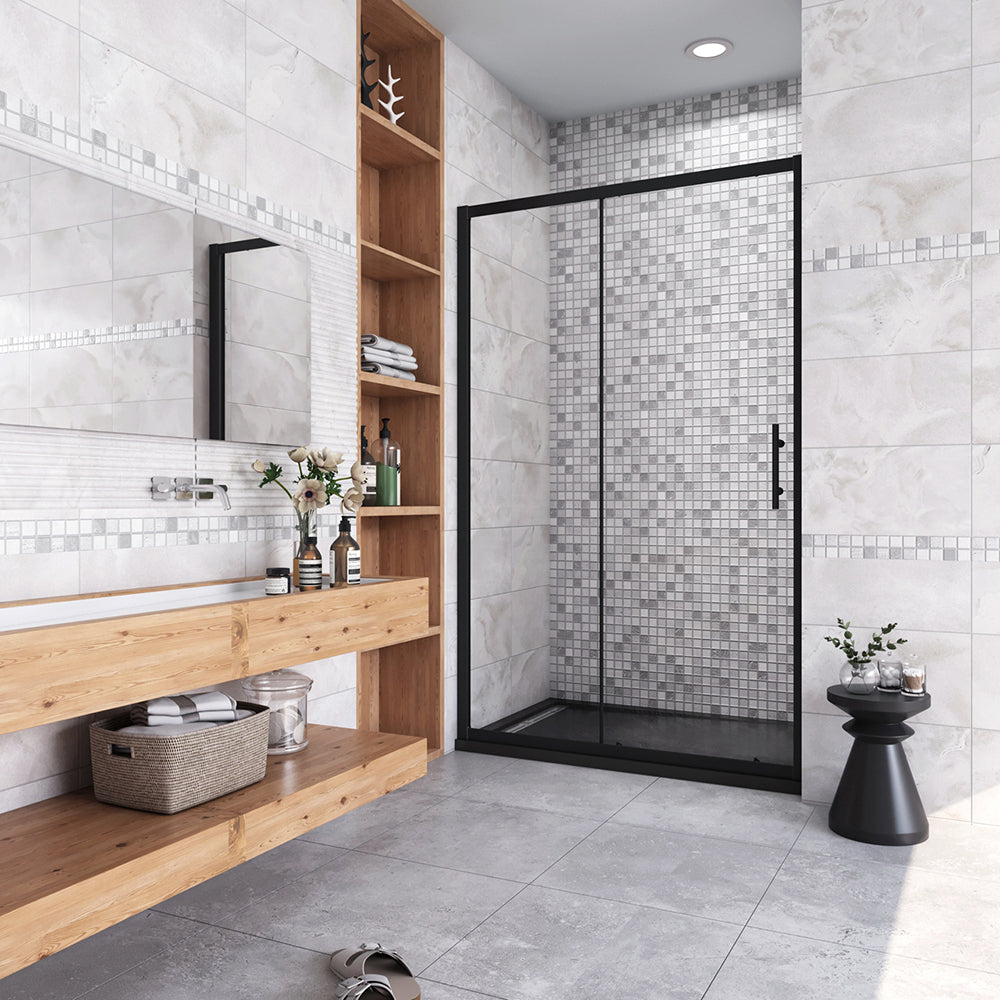 185cm Box Doccia Per Nicchia Porta Scorrevole Ingresso Laterale in Vetro 5mm Temperato Trasparente Profilo Nero Opaco