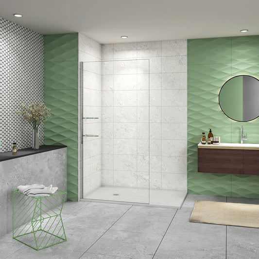 Box Doccia Walk In Parete Fissa in Vetro Temperato da 8mm Trasparente Anticalcare con Due Ripiani Mensole Barra Stabilizzatrice Regolabile Senza Braccio