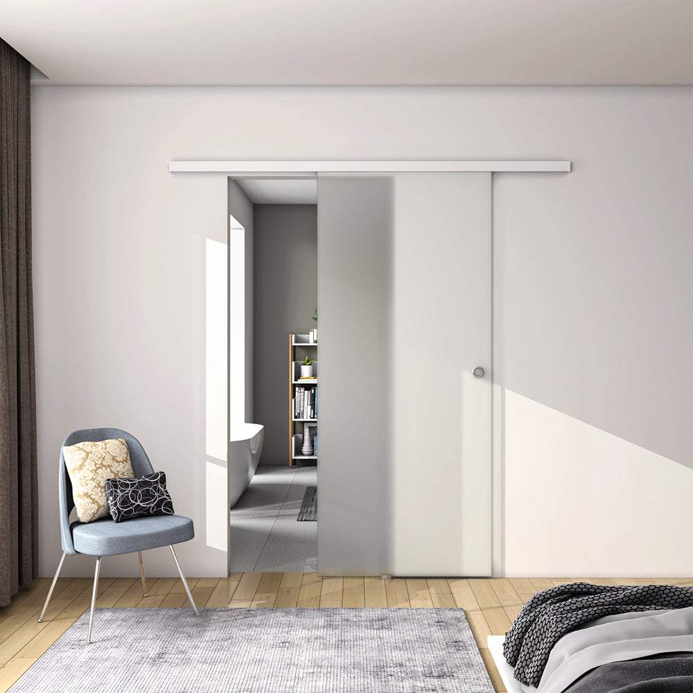 Porta Scorrevole in Vetro da 8mm Temperato Opaco con Pellicola Anti-frantumi con Binario in Alluminio Bianco Verniciato Altezza 225cm