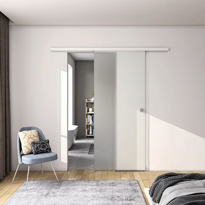 Porta Scorrevole in Vetro da 8mm Temperato Opaco con Pellicola Anti-frantumi con Binario in Alluminio Bianco Verniciato Altezza 225cm