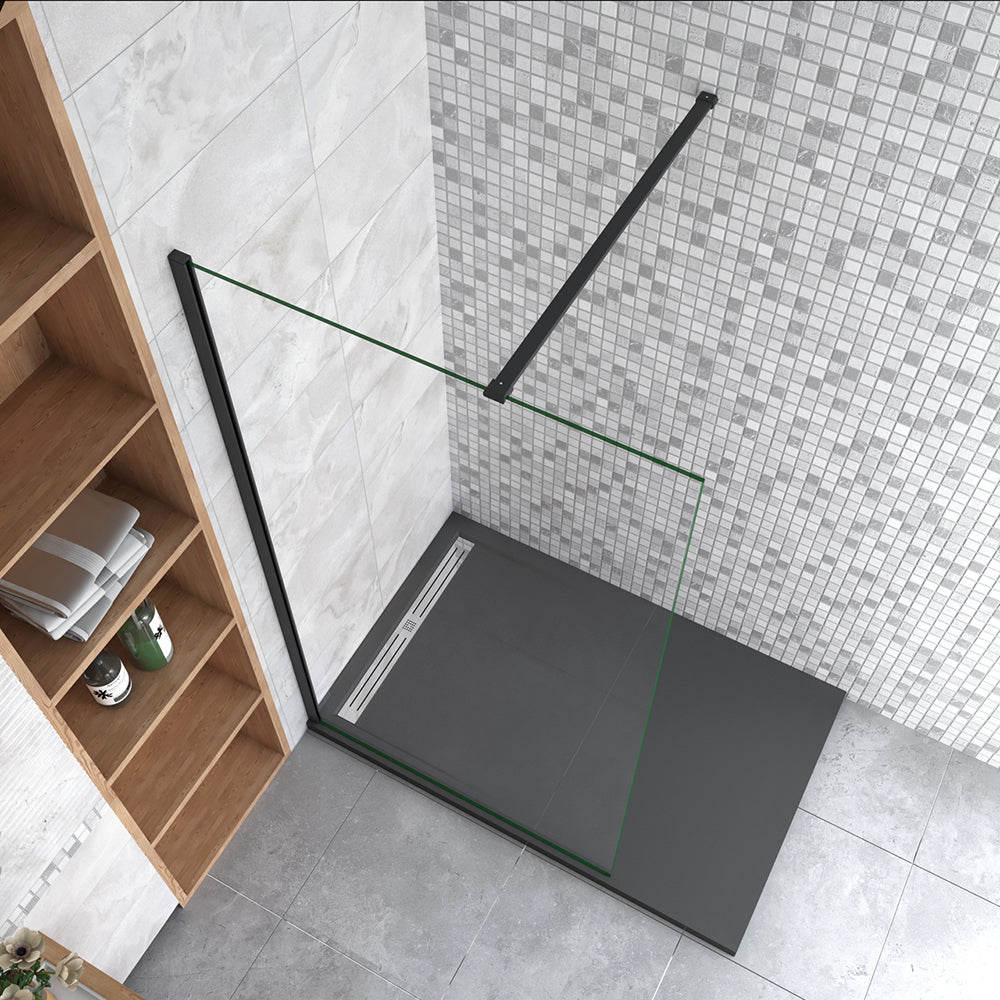 Aica Parete Fissa Doccia Walk In 40-120x200cm in Vetro 8 mm Temperato Trasparente Anticalcare Con Barra Stabilizzatrice Profilo Nero Opaco Tipo 2 - Lunga 90 cm tagliabile