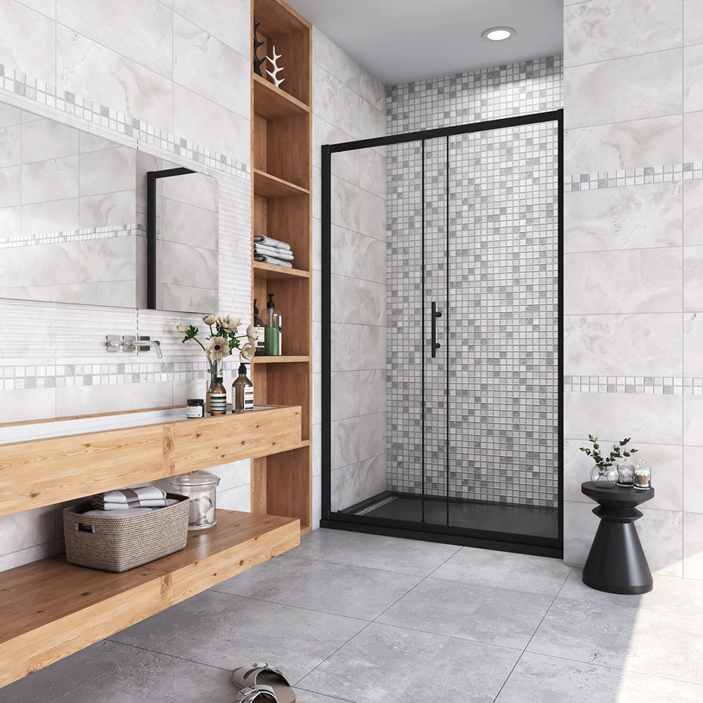 185cm Box Doccia Per Nicchia Porta Scorrevole Ingresso Laterale in Vetro 5mm Temperato Trasparente Profilo Nero Opaco