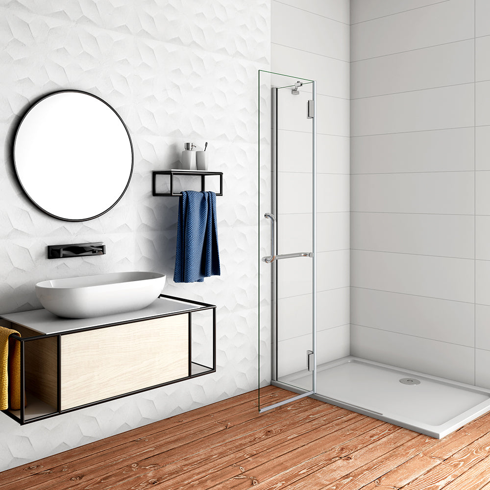 WALK IN Paretina Fissa + Porta Movibile Vetro 8mm Trasparente Temperato Anticalcare con Portasciugamano Barra Stabilizzatrice