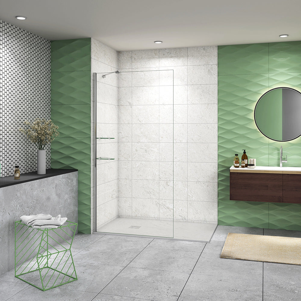 Doccia Walk In Parete Fissa in Vetro Temperato Anti-frantumi Anticalcare da 8mm Striscia Opaca Centrale con Barra Stabilizzatrice