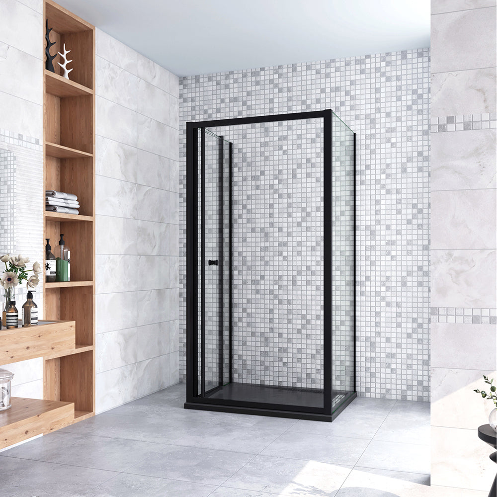 185cm Box Doccia a Tre Lati Porta a Soffietto con Doppia Parete Fissa in Vetro Temperato Trasparente 5mm Profilo Nero Opaco