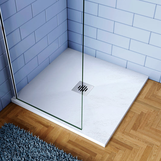 Piatto Doccia Bianco di Spessore da 3cm Ultrasottile in Marmo e Resina Effetto Ardesia Ruvido Piletta e Tubo inclusi