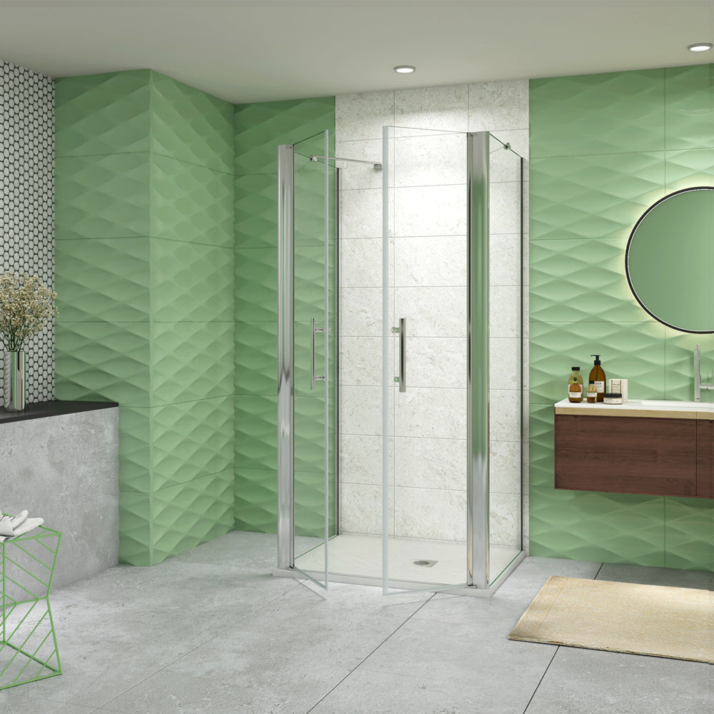 185cm Box Doccia a Tre Lati Porta Battente Saloon Doppia Parete Fissa Vetro da 6mm Temperato Anticalcare Barra Stabilizzatrice 45cm Cromo Lucido