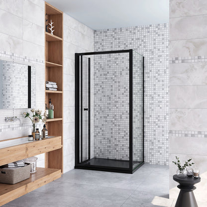 185cm Box Doccia Angolare Porta a Soffietto con Parete Fissa in Vetro Temperato Trasparente 5 mm Profilo Nero Opaco