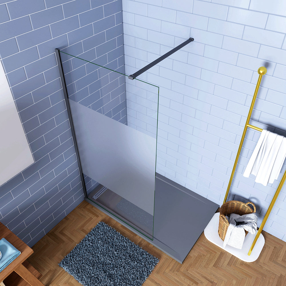 Aica Doccia Walk In 200cm Parete Fissa in Vetro Anti-frantumi Anticalcare da 8 mm Striscia Opaca Centrale Barra Stabilizzatrice Nero Opaco Tipo 2 - Lunga 90 cm tagliabile