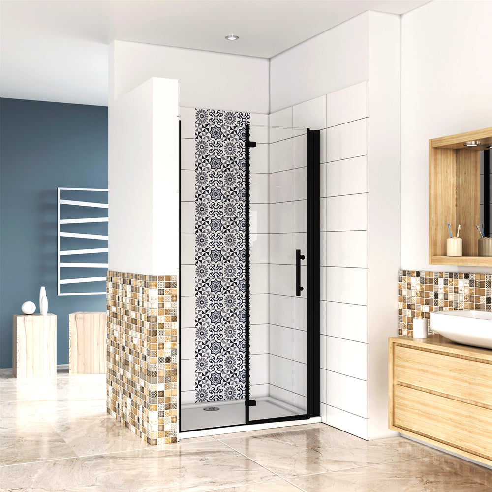 Aica Porta Doccia per Nicchia Apertura Battente Pieghevole in Vetro Temperato Trasparente 5 mm Anticalcare Telaio Nero Opaco