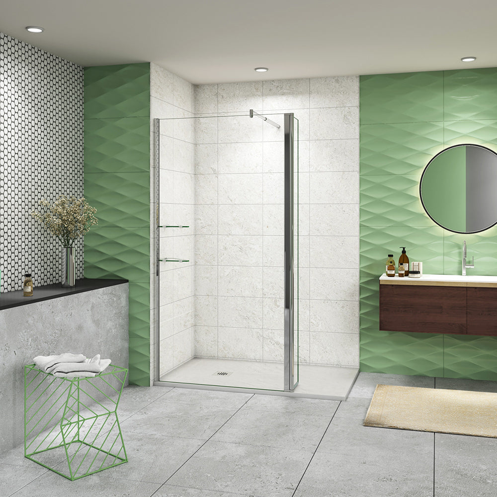 Box Doccia Walk In Parete Fissa 80-120cm + Paretina Mobile 30/40 cm Vetro Temperato 8 mm Anticalcare 2 Ripiani Mensole Barra Stabilizzatrice 70-120cm