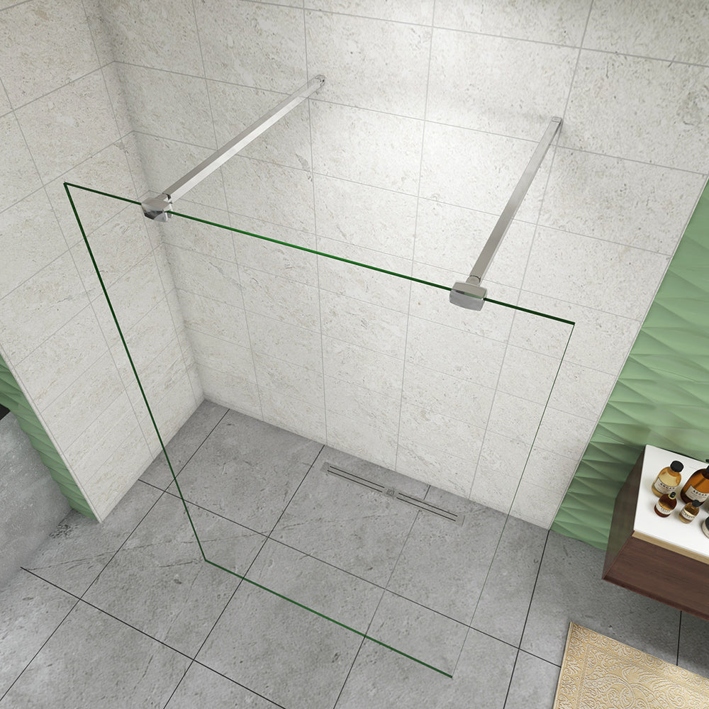 Box Doccia Walk In Parete Fissa in Vetro Temperato da 10mm Trasparente Anticalcare con Doppia Barra Stabilizzatrice da 90cm snodabile e tagliabile