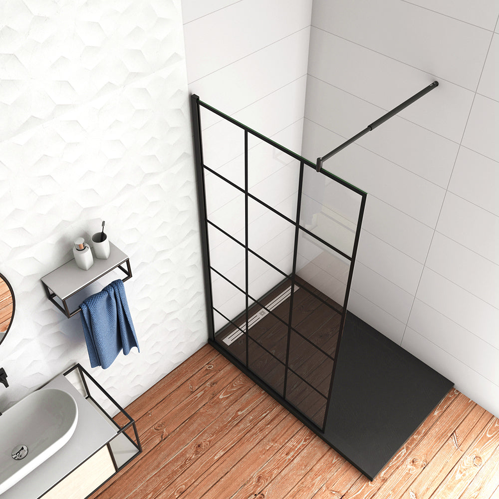 Aica 200 cm Doccia Walk In Parete Fissa in Vetro Temperato 8 mm Anticalcare Serigrafato Nero con Riquadri Barra Stabilizzatrice Telaio Nero Opaco Tipo 2 - Lunga 70-120 cm regolabile