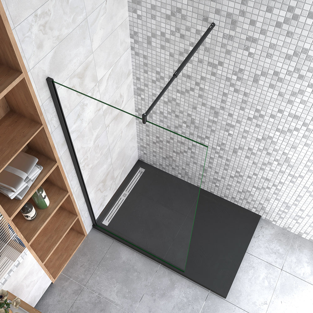 Box Doccia Walk In Parete Fissa in Vetro Temperato da 10mm Trasparente Anticalcare Barra Stabilizzatrice Nero Opaco A. Lunghezza 70-120cm