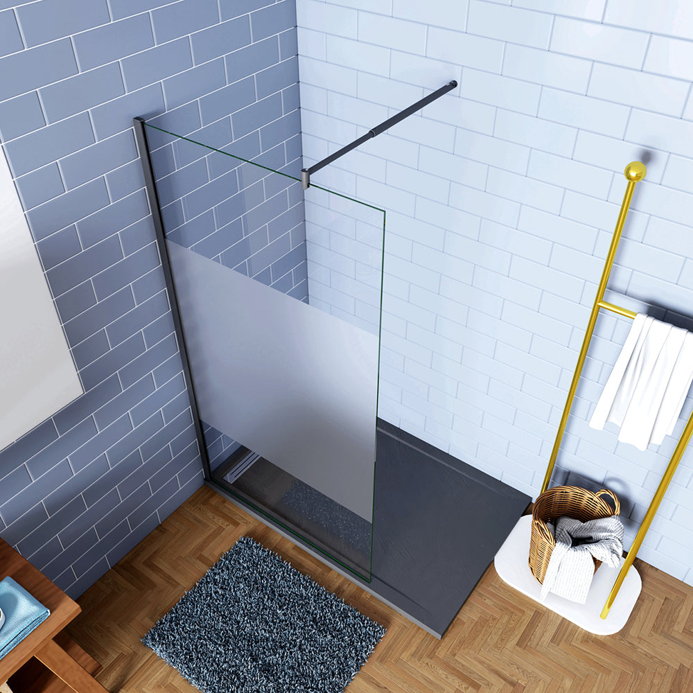 Aica Doccia Walk In 200cm Parete Fissa in Vetro Anti-frantumi Anticalcare da 8 mm Striscia Opaca Centrale Barra Stabilizzatrice Nero Opaco Tipo 1 - Lunga 70-120 cm regolabile