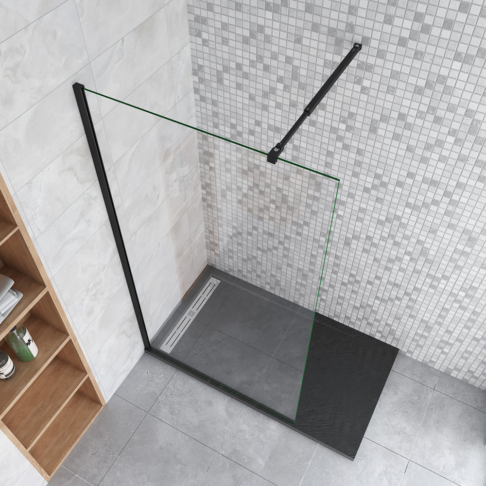 Box Doccia Walk In Parete Fissa in Vetro Temperato da 10mm Trasparente Anticalcare Barra Stabilizzatrice Nero Opaco B. Lunghezza 73-120cm