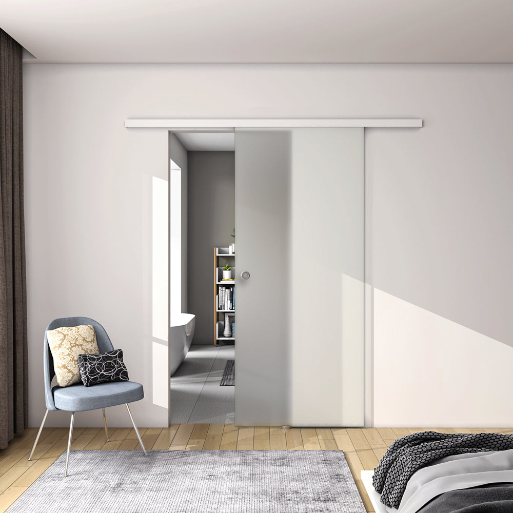 Porta Scorrevole in Vetro da 8mm Temperato Opaco con Pellicola Anti-frantumi con Binario in Alluminio Bianco Verniciato Altezza 225cm - Consegna gratuita