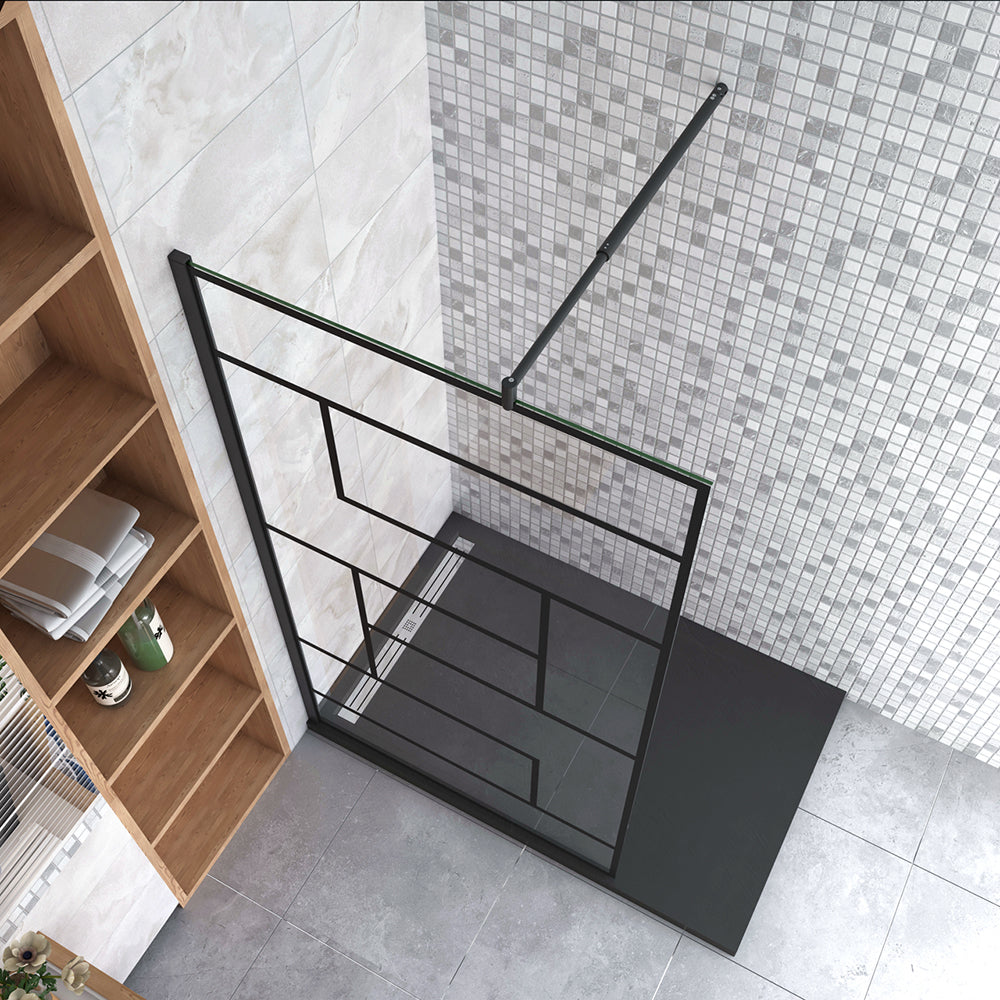 Aica 100-120x200cm Walk In Parete Per Doccia in Vetro Temperato 8mm Anticalcare Serigrafato Nero con Riquadri Barra Stabilizzatrice Nero Opaco
