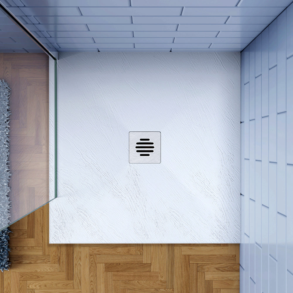 Piatto Doccia Bianco in Marmo Resina Mista Effetto Ardesia Ruvido Piletta e Tubo inclusi Spessore di 3cm Ultraslim 90x90x3