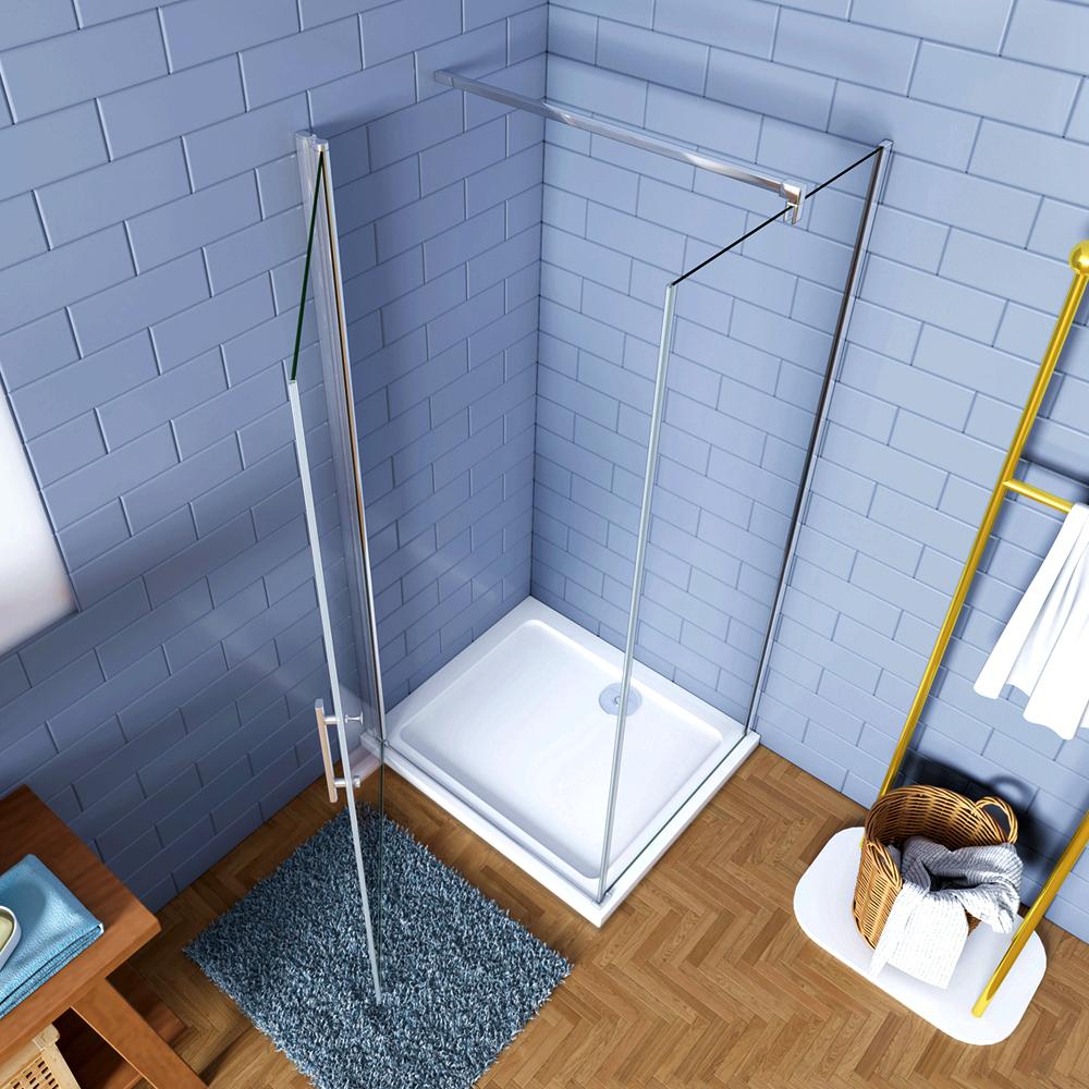 Aica Box Doccia Angolare Porta Battente 187/197cm con Parete Fissa Vetro Temperato Trasparente 6 mm Anticalcare Barra Stabilizzatrice 140cm