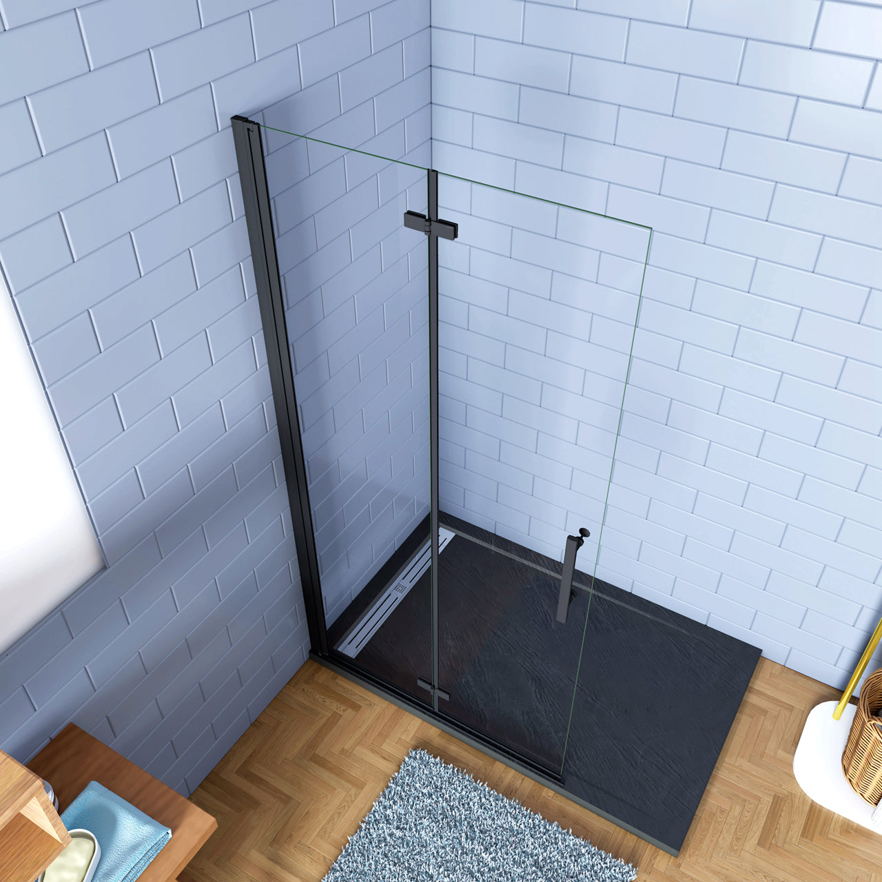 Walk in Parete Doccia Movibile 2 Pannelli Pieghevoli a Libro 65-115x190 cm in Vetro 5mm Trasparente Temperato Anticalcare Telaio Nero Opaco