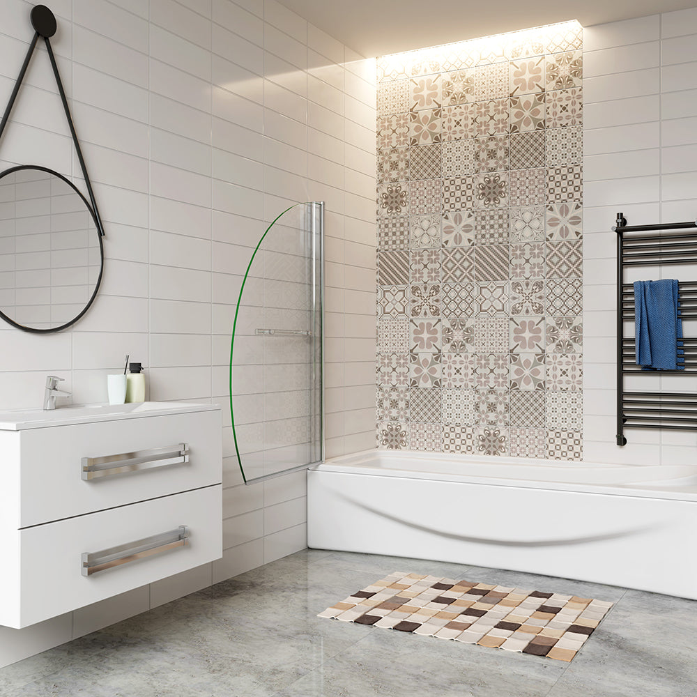 100x150cm Parete Vasca Doccia Sopravasca Singolo Pannello Forma Vela Girevole in Vetro Temperato 8mm Trasparente Anticalcare Telaio Cromato Lucido