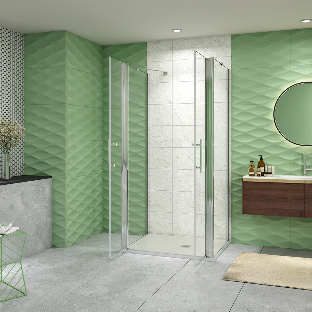 185cm Box Doccia a Tre Lati Porta Battente Saloon Doppia Parete Fissa Vetro da 6mm Temperato Anticalcare Barra Stabilizzatrice 45cm Cromo Lucido