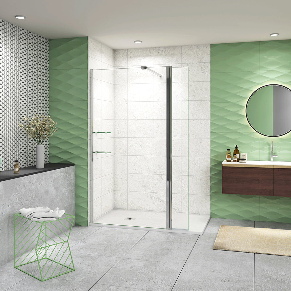 Walk In Parete Doccia + Paretina Mobile 30/40 cm in Vetro Temperato 8mm Anticalcare con 2 Ripiani Mensole Barra Stabilizzatrice 90cm Snodabile