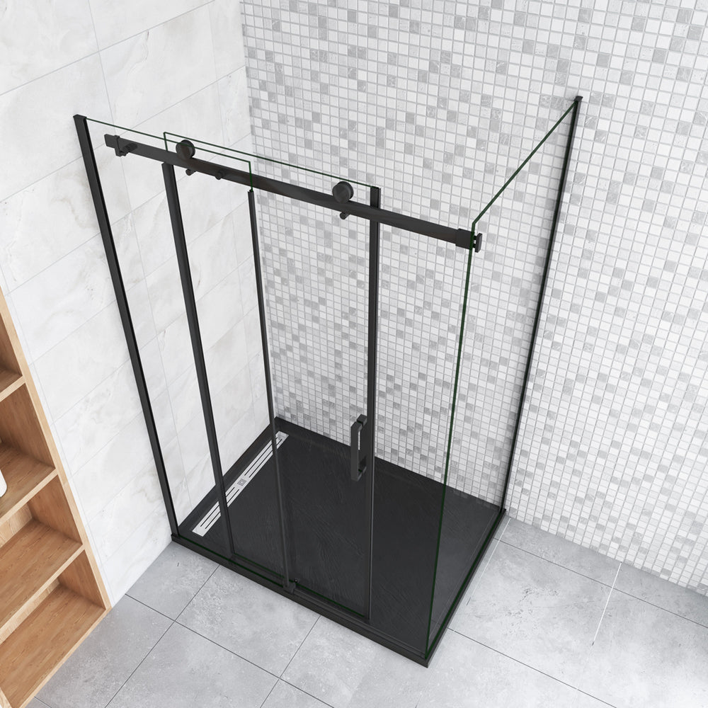 200cm Box Doccia Angolare Porta Scorrevole con Parete Fissa Vetro da 8mm Temperato Trasparente Anticalcare Telaio Nero Opaco