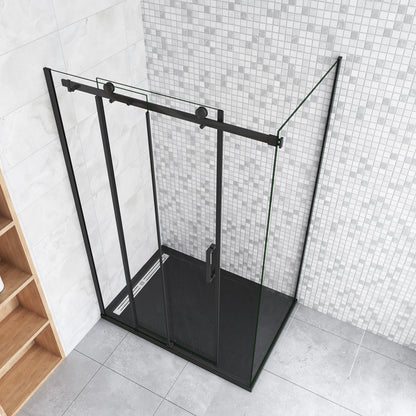 200cm Box Doccia Angolare Porta Scorrevole con Parete Fissa Vetro da 8mm Temperato Trasparente Anticalcare Telaio Nero Opaco