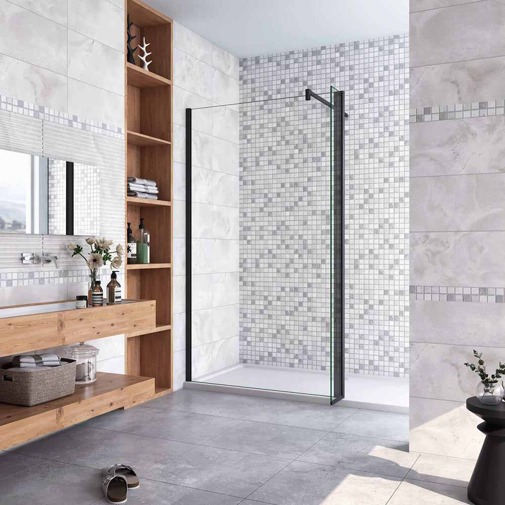 Box Doccia Walk in Due Pareti una Fissa+una Mobile Vetro 8mm Temperato Trasparente Anticalcare Barra Stabilizzatrice Nero Opaco