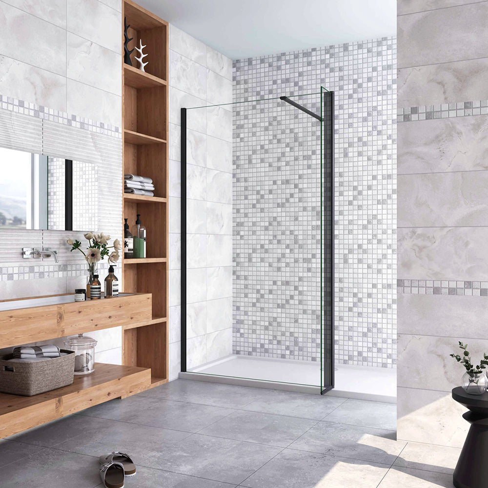 Box Doccia Walk in Due Pareti una Fissa+una Mobile Vetro 8mm Temperato Trasparente Anticalcare Barra Stabilizzatrice Nero Opaco