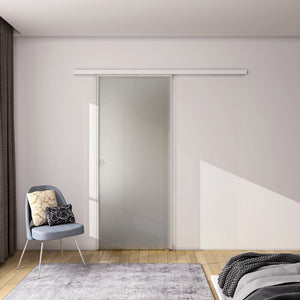 Porta Scorrevole in Vetro da 8mm Temperato Opaco con Pellicola Anti-frantumi con Binario in Alluminio Bianco Verniciato Altezza 225cm