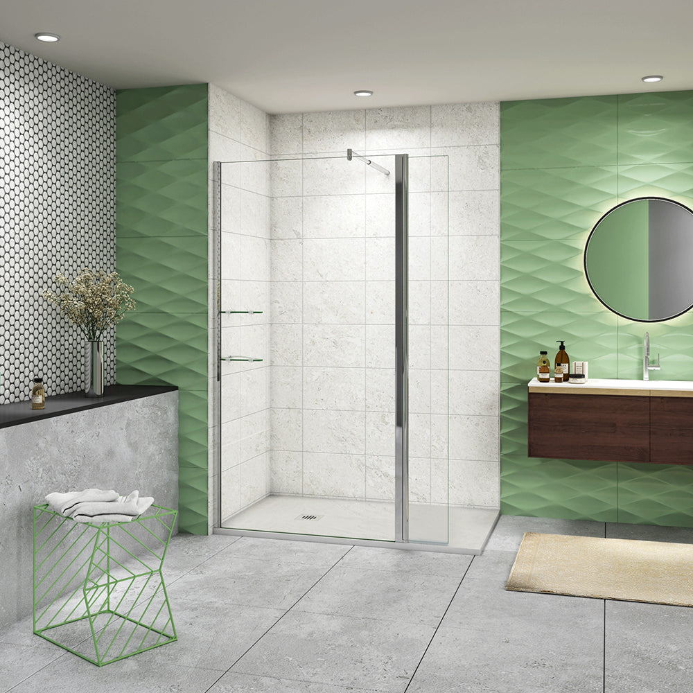 Box Doccia Walk In Parete Fissa 80-120cm + Paretina Mobile 30/40 cm Vetro Temperato 8 mm Anticalcare 2 Ripiani Mensole Barra Stabilizzatrice 70-120cm