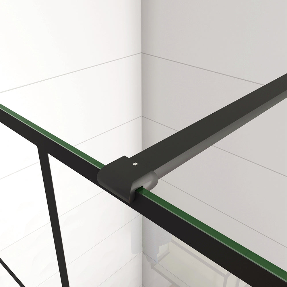 Aica 200 cm Doccia Walk In Parete Fissa in Vetro Temperato 8 mm Anticalcare Serigrafato Nero con Riquadri Barra Stabilizzatrice Telaio Nero Opaco Tipo 1 - Lunga 90 cm tagliabile