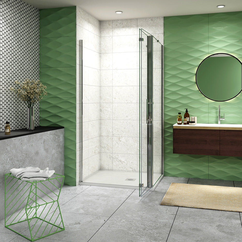 195cm Box Doccia Angolare Porta Battente Pieghevole Parete Fissa Vetro da 6mm Temperato Anticalcare Barra Stabilizzatrice 45cm Cromo Lucido