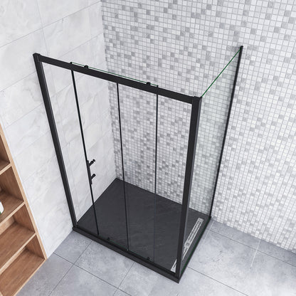 185cm Box Doccia Angolare Porta Scorrevole con Parete Fissa Vetro Temperato 5mm Trasparente Profilo Nero Opaco