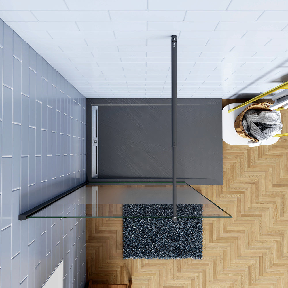 Aica Doccia Walk In 200cm Parete Fissa in Vetro Anti-frantumi Anticalcare da 8 mm Striscia Opaca Centrale Barra Stabilizzatrice Nero Opaco