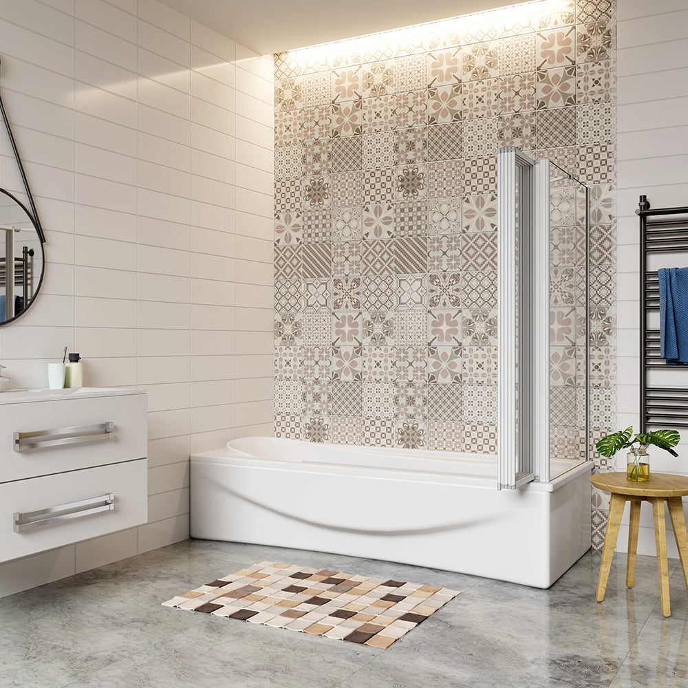 120x140cm Parete Doccia Sopravasca Angolare 5 Ante Pieghevoli Vetro con Parete Laterale 70cm Vetro Temperato 6 mm Trasparente Telaio Argento Opaco