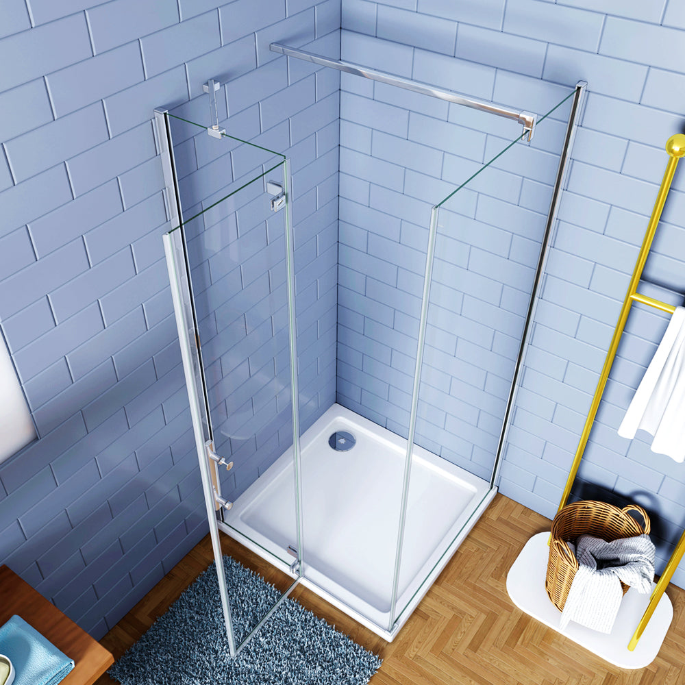 Aica 195cm Box Doccia Angolare Porta Battente con Parete Fissa Vetro 6mm Temperato Anticalcare Trasparente con 2 Barre Stabilizzatrici Cromo Lucido