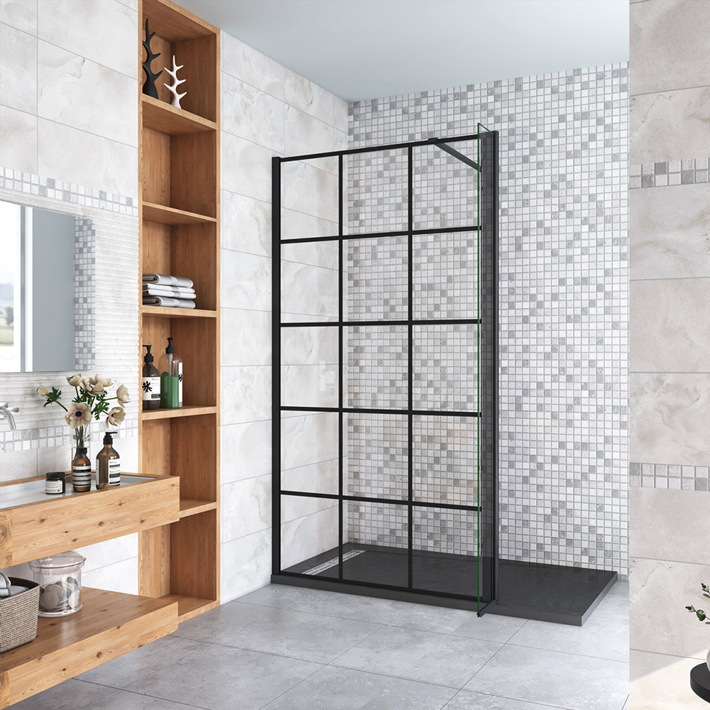 Doccia Walk in 100-120 x200cm Due Pareti Vetro 8mm Temperato Anticalcare Serigrafato con Riquadri Barra Stabilizzatrice