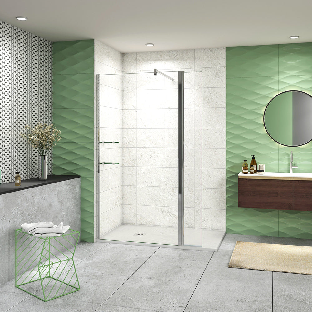 Walk In Parete Doccia 80-120cm + Paretina Mobile 30/40cm Vetro Temperato 8mm Anticalcare 2 Ripiani Mensole Barra Stabilizzatrice 140cm tagliabile