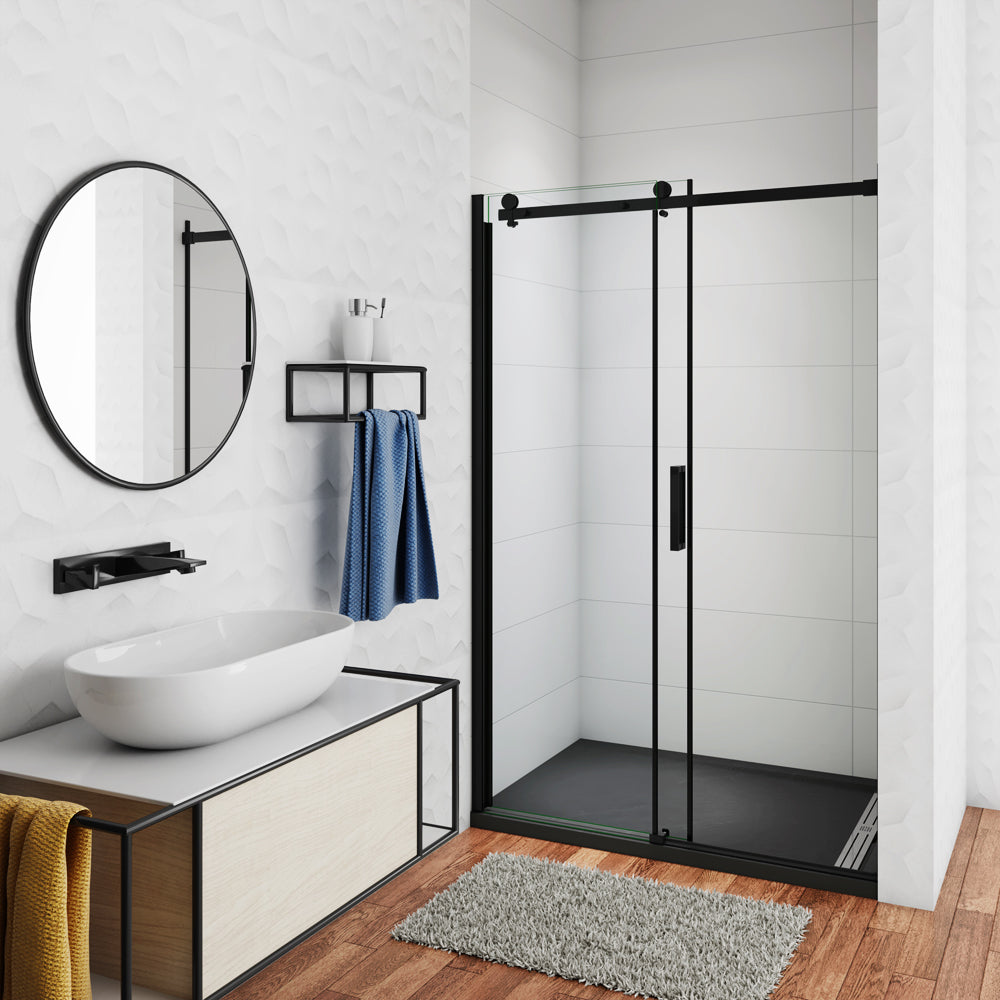 Aica 200 cm Box Doccia Per Nicchia Porta Scorrevole Ingresso Laterale In Vetro 8 mm Temperato Trasparente Anticalcare Telaio Nero Opaco