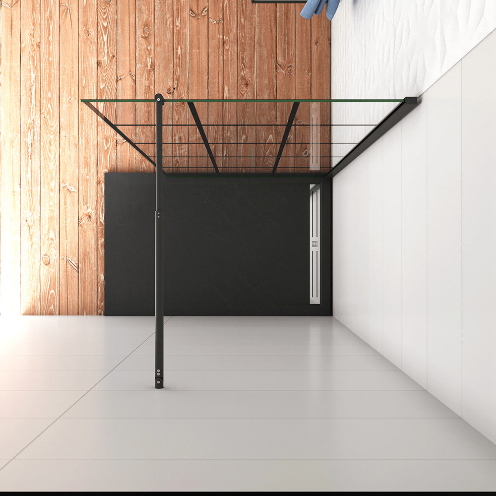 Aica 200 cm Doccia Walk In Parete Fissa in Vetro Temperato 8 mm Anticalcare Serigrafato Nero con Riquadri Barra Stabilizzatrice Telaio Nero Opaco