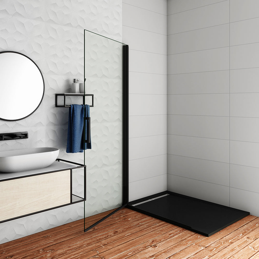 WALK IN Parete Doccia Movibile Battente Verso Interno e Esterno in Vetro 8 mm Trasparente Temperato Anticalcare Telaio Nero Opaco