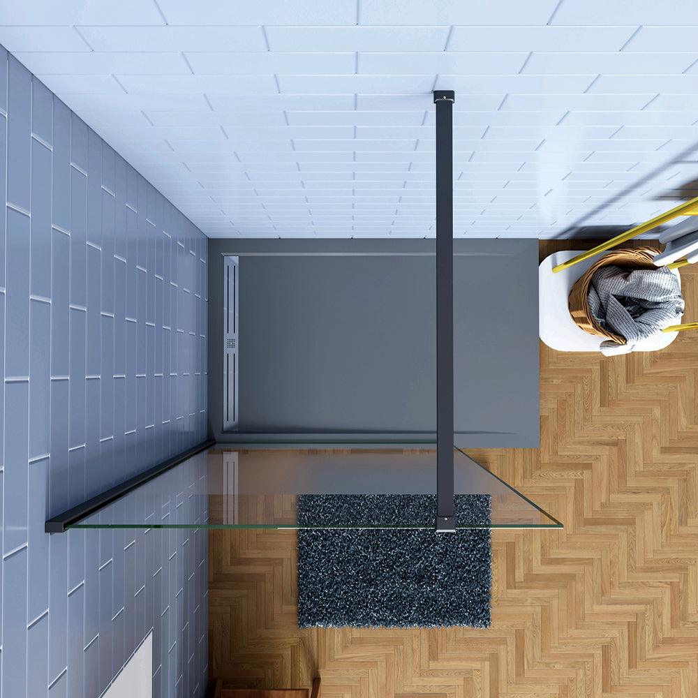 Aica Doccia Walk In 200cm Parete Fissa in Vetro Anti-frantumi Anticalcare da 8 mm Striscia Opaca Centrale Barra Stabilizzatrice Nero Opaco