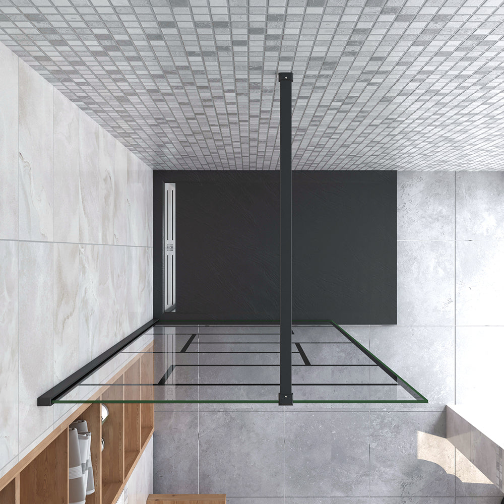 Aica 100-120x200cm Walk In Parete Per Doccia in Vetro Temperato 8mm Anticalcare Serigrafato Nero con Riquadri Barra Stabilizzatrice Nero Opaco