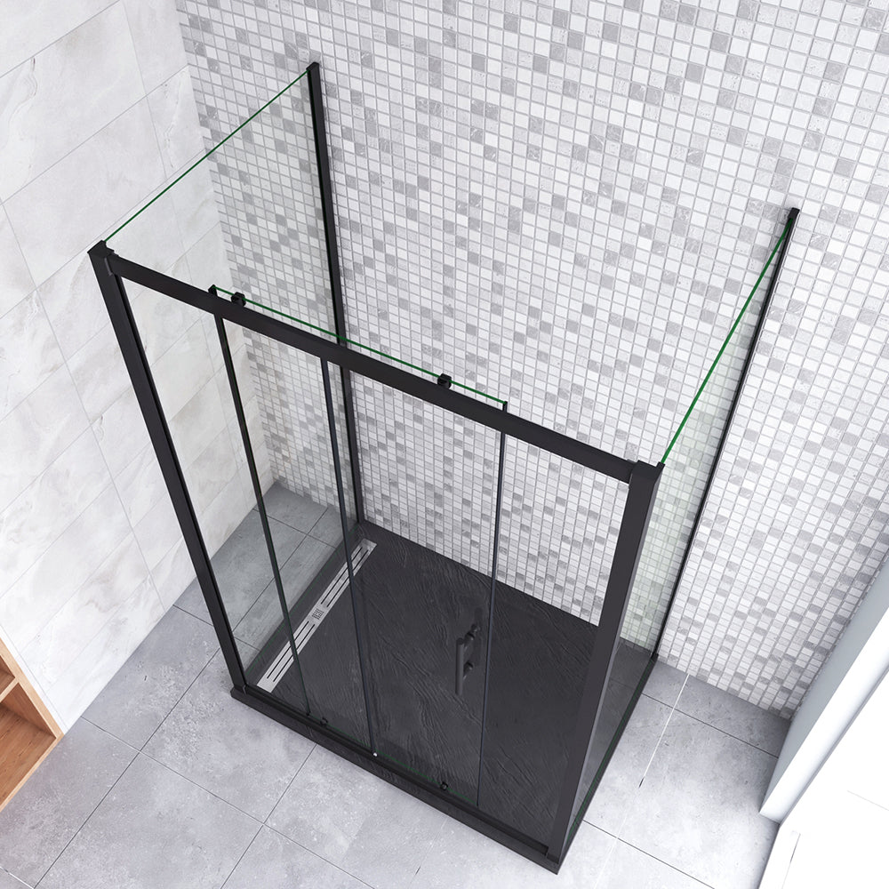 185cm Box Doccia a Tre Lati Porta Scorrevole con Doppia Parete Fissa Vetro Temperato 5 mm Trasparente Profilo Nero Opaco