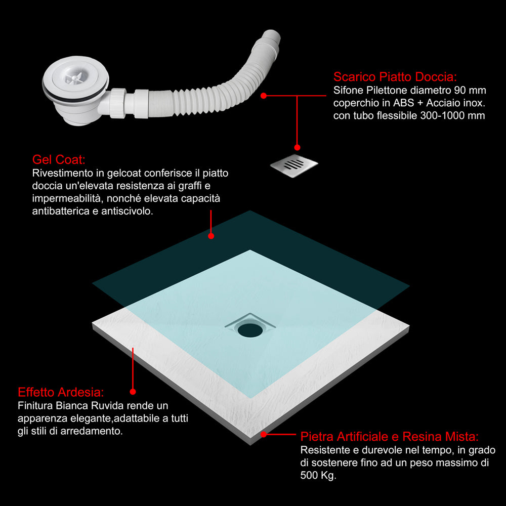 Piatto Doccia Bianco di Spessore da 3cm Ultrasottile in Marmo e Resina Effetto Ardesia Ruvido Piletta e Tubo inclusi