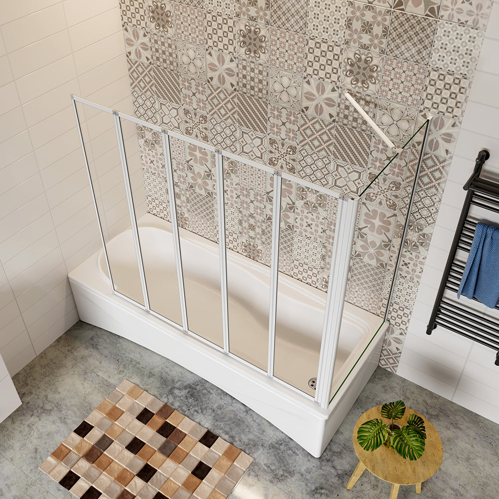 120x140cm Parete Doccia Sopravasca Angolare 5 Ante Pieghevoli Vetro con Parete Laterale 70cm Vetro Temperato 6 mm Trasparente Telaio Argento Opaco